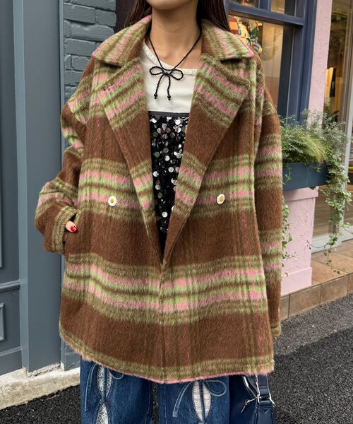 HELLO.SANFRANCISCO（ハローサンフランシスコ）の「【HELLO.SANFRANCISCO/ハローサンフランシスコ】チェックシャギーオーバーコート（その他アウター・レディース・ホワイト/ブラウン・ONE SIZE）」の2枚目の写真