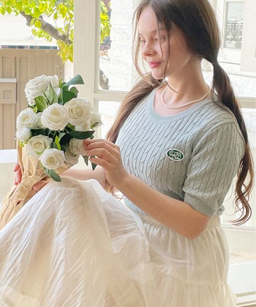 SLOWLOLLI(スローローリ)の「Half sleeve cable knit - Mint(Tシャツ/カットソー・レディース・グレー/スカイブルー/ブラック/アイボリー/ブラウン/ミント/ネイビー/イエロー/オートミール・FREE)」の10枚目の写真