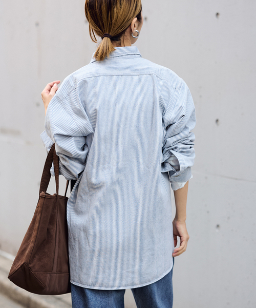 PAYDAY(ペイデイ)の「PAYDAY/ペイデイ 別注ヒッコリーシャツブルゾン(シャツ/ブラウス・レディース・ブルー/スミクロ・FREE)」の4枚目の写真