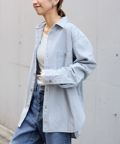 PAYDAY(ペイデイ)の「PAYDAY/ペイデイ 別注ヒッコリーシャツブルゾン(シャツ/ブラウス・レディース・ブルー/スミクロ・FREE)」の5枚目の写真