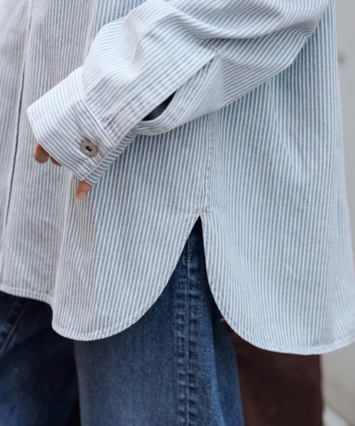 PAYDAY(ペイデイ)の「PAYDAY/ペイデイ 別注ヒッコリーシャツブルゾン(シャツ/ブラウス・レディース・ブルー/スミクロ・FREE)」の7枚目の写真