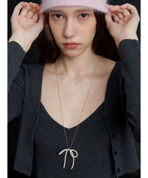 [Silver] Pearl Ribbon Long Necklace (L233MNK040)