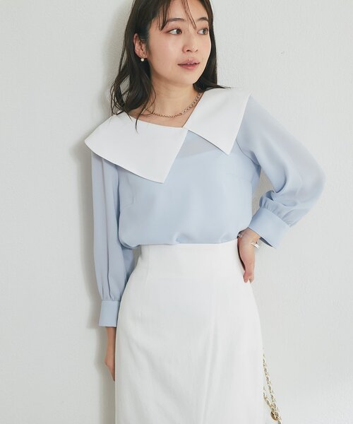 La boutique BonBon（ラブティックボンボン）の「【今すぐお届け！・小顔見え】アシメビッグカラーブラウス（シャツ/ブラウス・レディース・ホワイト/サックスブルー/ネイビー・FREE）」の10枚目の写真