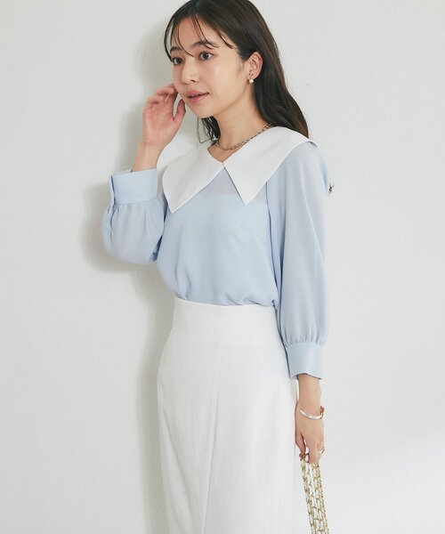 La boutique BonBon（ラブティックボンボン）の「【今すぐお届け！・小顔見え】アシメビッグカラーブラウス（シャツ/ブラウス・レディース・ホワイト/サックスブルー/ネイビー・FREE）」の9枚目の写真