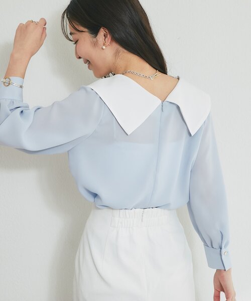La boutique BonBon（ラブティックボンボン）の「【今すぐお届け！・小顔見え】アシメビッグカラーブラウス（シャツ/ブラウス・レディース・ホワイト/サックスブルー/ネイビー・FREE）」の8枚目の写真
