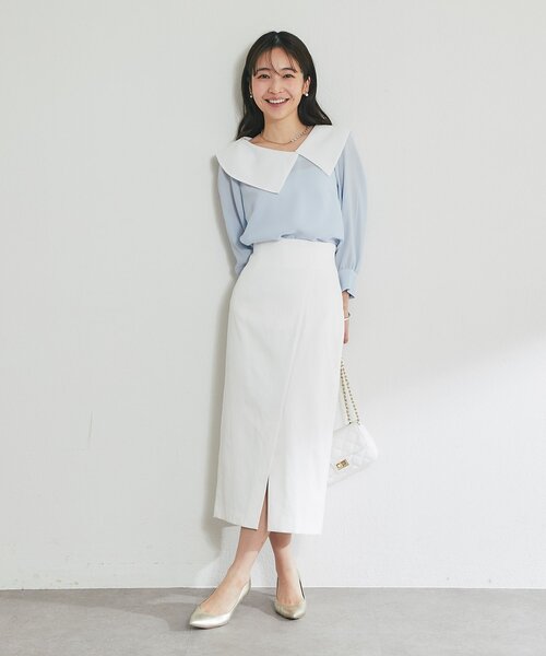 La boutique BonBon（ラブティックボンボン）の「【今すぐお届け！・小顔見え】アシメビッグカラーブラウス（シャツ/ブラウス・レディース・ホワイト/サックスブルー/ネイビー・FREE）」の7枚目の写真