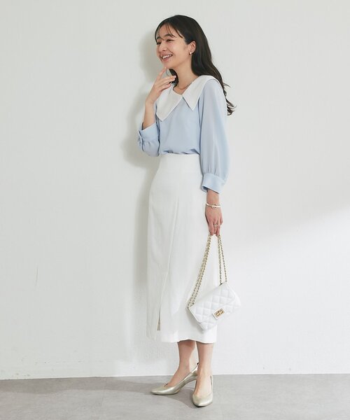 La boutique BonBon（ラブティックボンボン）の「【今すぐお届け！・小顔見え】アシメビッグカラーブラウス（シャツ/ブラウス・レディース・ホワイト/サックスブルー/ネイビー・FREE）」の6枚目の写真