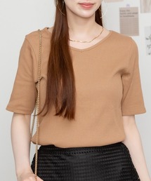 M-4L  Vネック5分袖コットンリブT 夏服