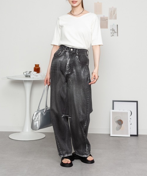 aity(アイティ)の「M-4L Vネック5分袖コットンリブT 夏服(Tシャツ/カットソー・レディース・ブラック/ベージュ/オフホワイト・4L/3L/LL/L/M)」の2枚目の写真