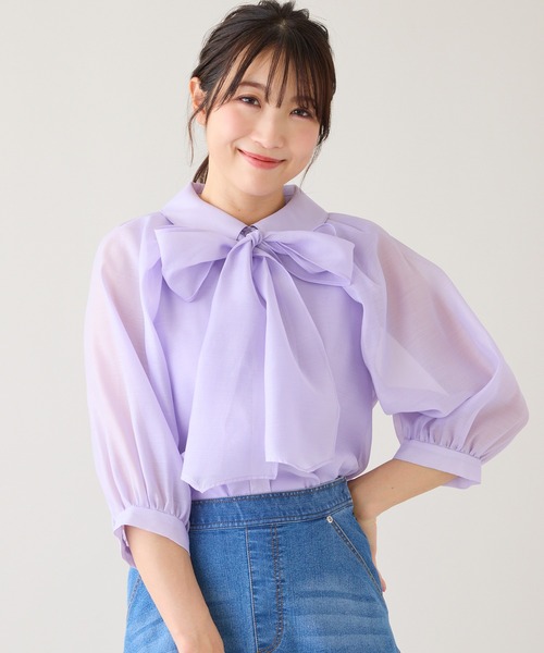 Rose Tiara(ローズティアラ)の「リボンタイボリューム袖ブラウス(シャツ/ブラウス・レディース・ブラック/オレンジ/バイオレット/オフホワイト・46/42/38)」の15枚目の写真