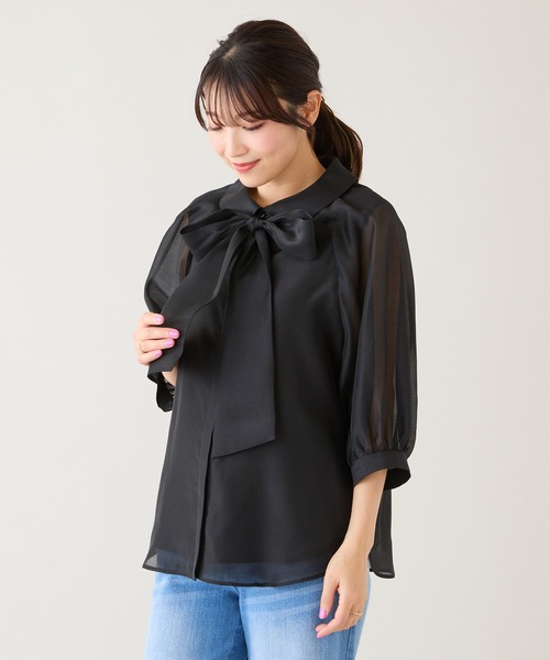 Rose Tiara(ローズティアラ)の「リボンタイボリューム袖ブラウス(シャツ/ブラウス・レディース・ブラック/オレンジ/バイオレット/オフホワイト・46/42/38)」の10枚目の写真