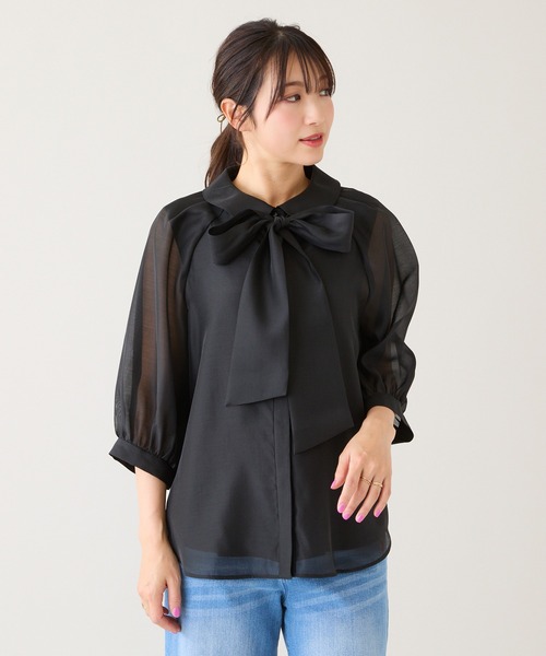 Rose Tiara(ローズティアラ)の「リボンタイボリューム袖ブラウス(シャツ/ブラウス・レディース・ブラック/オレンジ/バイオレット/オフホワイト・46/42/38)」の13枚目の写真