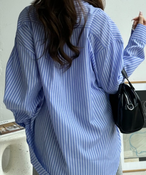 umune(ウムネ)の「シャツ 長袖 レギュラーカラー ワンポイント 刺繍 ロゴ ビッグシルエット オーバーサイズ ルーズ きれいめ カジュアル トップス 秋 冬(シャツ/ブラウス・レディース・オフホワイト/ベビーピンク/サックスブルー/ネイビー・FREE)」の9枚目の写真