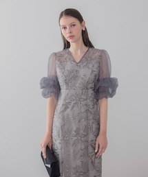 【LEJA】オーガンジーフリルスリーブフラワースパンコールIラインワンピースドレス美脚効果結婚式 パーティードレス 成人式 二次会 同窓会 お呼ばれ オケージョン 20代 30代