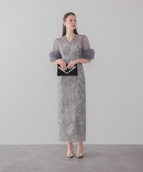 Leja（レジャ）の「【LEJA】オーガンジーフリルスリーブフラワースパンコールIラインワンピースドレス美脚効果結婚式 パーティードレス 成人式 二次会 同窓会 お呼ばれ オケージョン 20代 30代（ドレス・レディース・ブラック/グレー・SMALL/MEDIUM）」の15枚目の写真