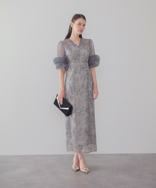 Leja（レジャ）の「【LEJA】オーガンジーフリルスリーブフラワースパンコールIラインワンピースドレス美脚効果結婚式 パーティードレス 成人式 二次会 同窓会 お呼ばれ オケージョン 20代 30代（ドレス・レディース・ブラック/グレー・SMALL/MEDIUM）」の11枚目の写真