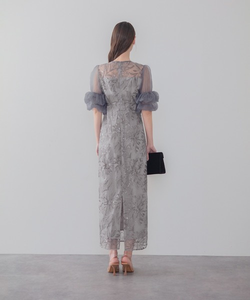 Leja（レジャ）の「【LEJA】オーガンジーフリルスリーブフラワースパンコールIラインワンピースドレス美脚効果結婚式 パーティードレス 成人式 二次会 同窓会 お呼ばれ オケージョン 20代 30代（ドレス・レディース・ブラック/グレー・SMALL/MEDIUM）」の16枚目の写真