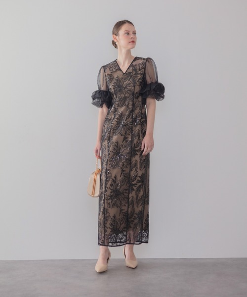 Leja（レジャ）の「【LEJA】オーガンジーフリルスリーブフラワースパンコールIラインワンピースドレス美脚効果結婚式 パーティードレス 成人式 二次会 同窓会 お呼ばれ オケージョン 20代 30代（ドレス・レディース・ブラック/グレー・SMALL/MEDIUM）」の7枚目の写真