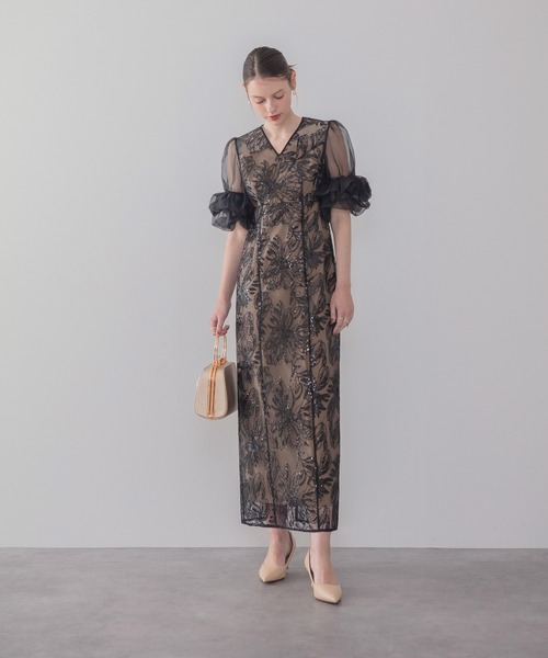 Leja（レジャ）の「【LEJA】オーガンジーフリルスリーブフラワースパンコールIラインワンピースドレス美脚効果結婚式 パーティードレス 成人式 二次会 同窓会 お呼ばれ オケージョン 20代 30代（ドレス・レディース・ブラック/グレー・SMALL/MEDIUM）」の6枚目の写真