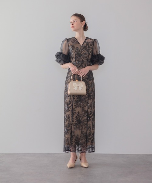 Leja（レジャ）の「【LEJA】オーガンジーフリルスリーブフラワースパンコールIラインワンピースドレス美脚効果結婚式 パーティードレス 成人式 二次会 同窓会 お呼ばれ オケージョン 20代 30代（ドレス・レディース・ブラック/グレー・SMALL/MEDIUM）」の5枚目の写真