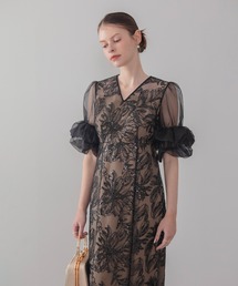 Leja（レジャ）の「【LEJA】オーガンジーフリルスリーブフラワースパンコールIラインワンピースドレス美脚効果結婚式 パーティードレス 成人式 二次会 同窓会 お呼ばれ オケージョン 20代 30代（ドレス）」