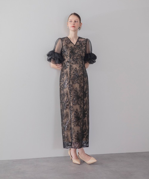 Leja（レジャ）の「【LEJA】オーガンジーフリルスリーブフラワースパンコールIラインワンピースドレス美脚効果結婚式 パーティードレス 成人式 二次会 同窓会 お呼ばれ オケージョン 20代 30代（ドレス・レディース・ブラック/グレー・SMALL/MEDIUM）」の22枚目の写真