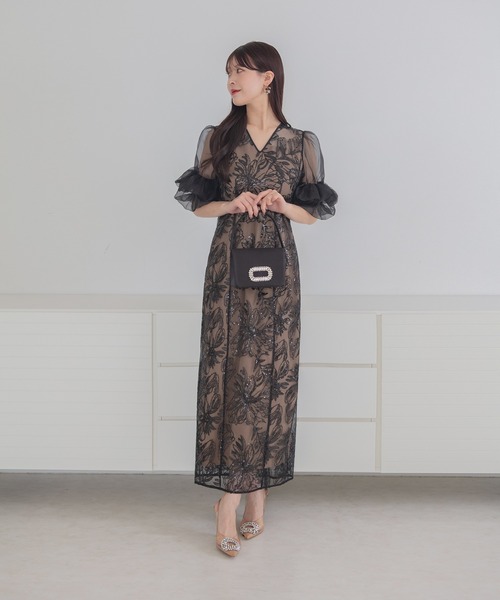 Leja（レジャ）の「【LEJA】オーガンジーフリルスリーブフラワースパンコールIラインワンピースドレス美脚効果結婚式 パーティードレス 成人式 二次会 同窓会 お呼ばれ オケージョン 20代 30代（ドレス・レディース・ブラック/グレー・SMALL/MEDIUM）」の8枚目の写真