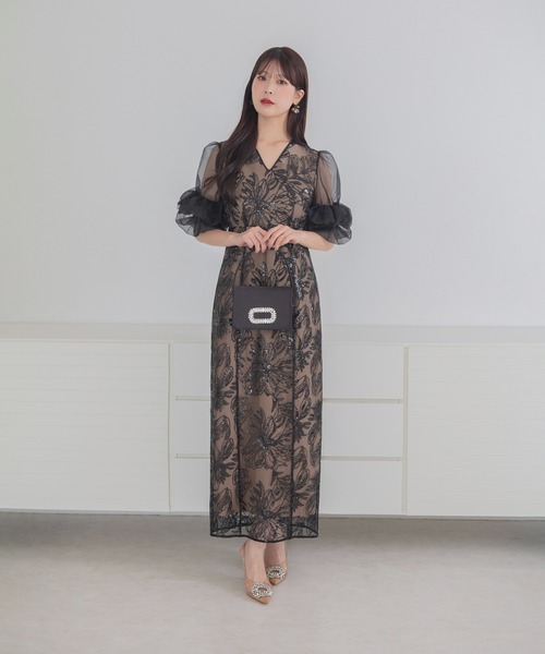 Leja（レジャ）の「【LEJA】オーガンジーフリルスリーブフラワースパンコールIラインワンピースドレス美脚効果結婚式 パーティードレス 成人式 二次会 同窓会 お呼ばれ オケージョン 20代 30代（ドレス・レディース・ブラック/グレー・SMALL/MEDIUM）」の9枚目の写真