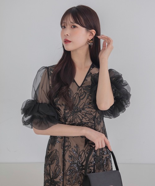 Leja（レジャ）の「【LEJA】オーガンジーフリルスリーブフラワースパンコールIラインワンピースドレス美脚効果結婚式 パーティードレス 成人式 二次会 同窓会 お呼ばれ オケージョン 20代 30代（ドレス・レディース・ブラック/グレー・SMALL/MEDIUM）」の10枚目の写真