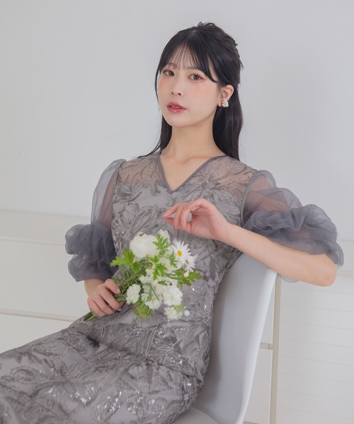 Leja（レジャ）の「【LEJA】オーガンジーフリルスリーブフラワースパンコールIラインワンピースドレス美脚効果結婚式 パーティードレス 成人式 二次会 同窓会 お呼ばれ オケージョン 20代 30代（ドレス・レディース・ブラック/グレー・SMALL/MEDIUM）」の21枚目の写真