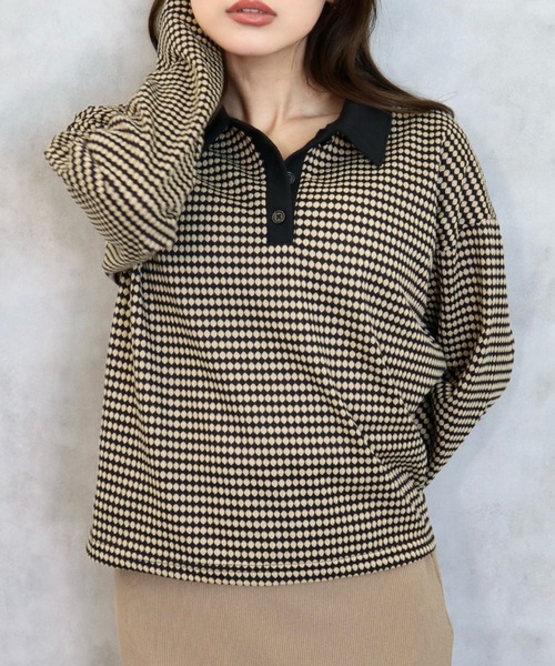 CECIL McBEE（セシルマクビー）の「ハニカム柄カットジャガードポロ襟プルオーバー（ニット/セーター・レディース・ブラック/ブルー/ライトグレー・MEDIUM/LARGE）」の2枚目の写真