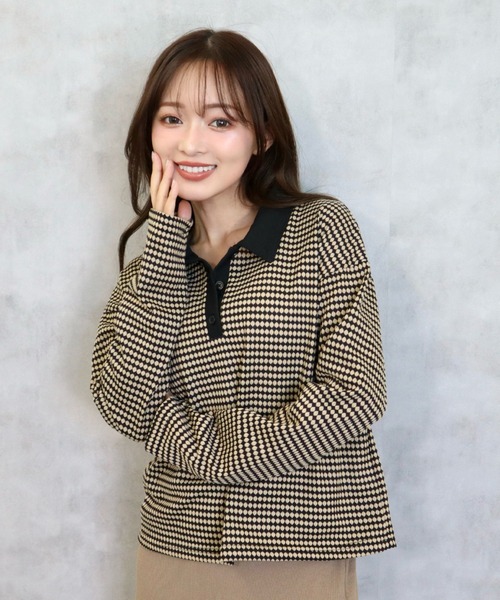 CECIL McBEE（セシルマクビー）の「ハニカム柄カットジャガードポロ襟プルオーバー（ニット/セーター・レディース・ブラック/ブルー/ライトグレー・MEDIUM/LARGE）」の8枚目の写真