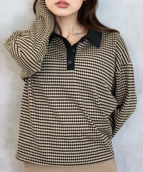 CECIL McBEE（セシルマクビー）の「ハニカム柄カットジャガードポロ襟プルオーバー（ニット/セーター・レディース・ブラック/ブルー/ライトグレー・MEDIUM/LARGE）」の9枚目の写真