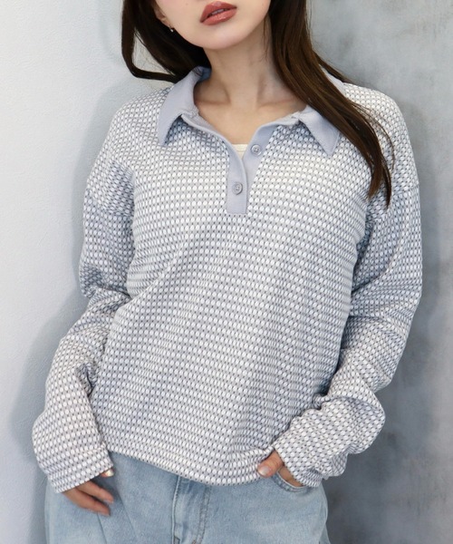 CECIL McBEE（セシルマクビー）の「ハニカム柄カットジャガードポロ襟プルオーバー（ニット/セーター・レディース・ブラック/ブルー/ライトグレー・MEDIUM/LARGE）」の5枚目の写真
