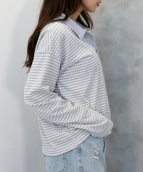 CECIL McBEE（セシルマクビー）の「ハニカム柄カットジャガードポロ襟プルオーバー（ニット/セーター・レディース・ブラック/ブルー/ライトグレー・MEDIUM/LARGE）」の6枚目の写真