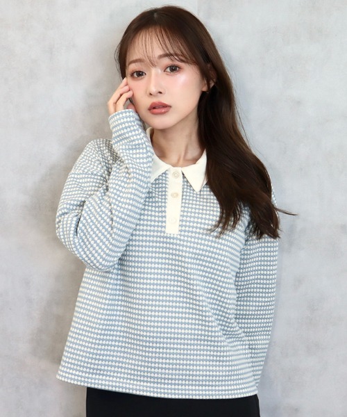 CECIL McBEE（セシルマクビー）の「ハニカム柄カットジャガードポロ襟プルオーバー（ニット/セーター・レディース・ブラック/ブルー/ライトグレー・MEDIUM/LARGE）」の13枚目の写真
