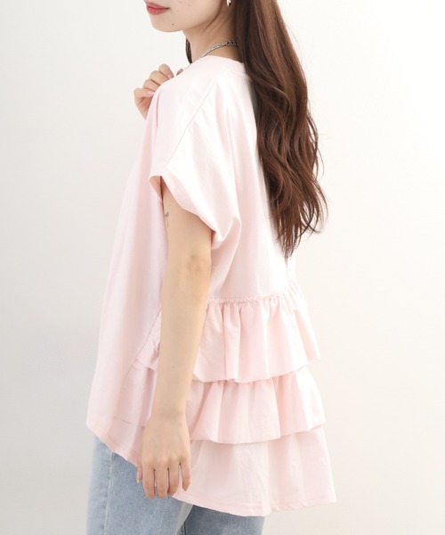 OMNES(オムネス)の「バイオポリウォッシュバッグフリルプルオーバーTシャツ 半袖(Tシャツ/カットソー・レディース・ピンク/ネイビー・FREE/F)」の14枚目の写真
