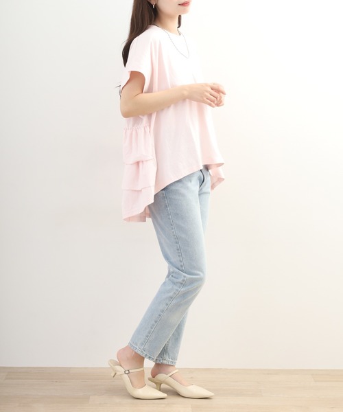 OMNES(オムネス)の「バイオポリウォッシュバッグフリルプルオーバーTシャツ 半袖(Tシャツ/カットソー・レディース・ピンク/ネイビー・FREE/F)」の18枚目の写真