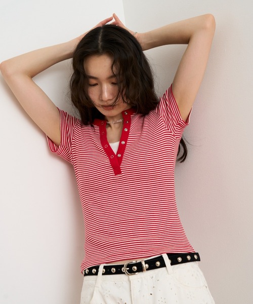 ボーダーヘンリーネックコンパクトトップス（Tシャツ/カットソー