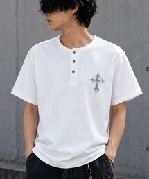 ラインストーン ワンポイント クロスモチーフ ジャストフィット テレコ ヘンリーネック Tシャツ