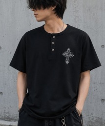 ラインストーン ワンポイント クロスモチーフ ジャストフィット テレコ ヘンリーネック Tシャツ