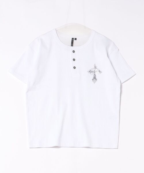 BENDER TOKYO(ベンダートウキョウ)の「ラインストーン ワンポイント クロスモチーフ ジャストフィット テレコ ヘンリーネック Tシャツ(Tシャツ/カットソー・メンズ・ホワイト/ホワイト系その他/ブラック/ブラック系その他・L/M)」の13枚目の写真