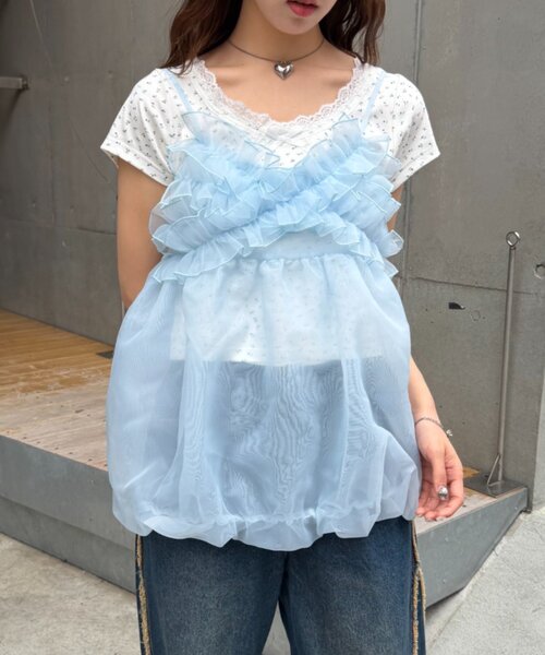 w closet(ダブルクローゼット)の「シアーバルーンキャミ 夏服(キャミソール・レディース・オフホワイト/ブラック/ブルー・FREE)」の9枚目の写真