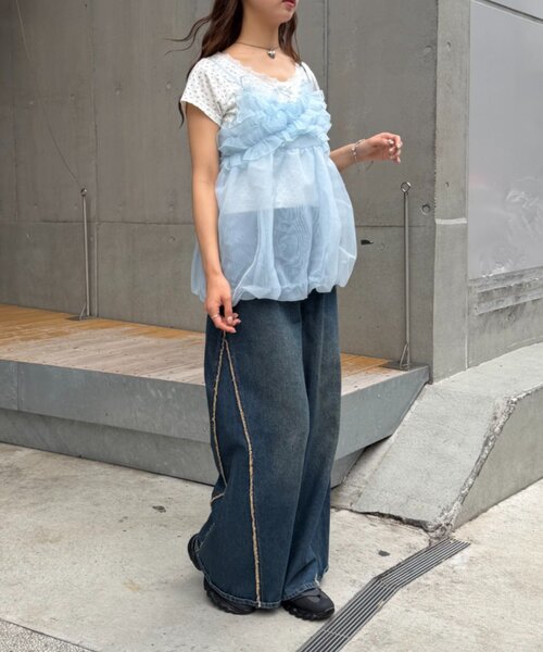 w closet(ダブルクローゼット)の「シアーバルーンキャミ 夏服(キャミソール・レディース・オフホワイト/ブラック/ブルー・FREE)」の4枚目の写真