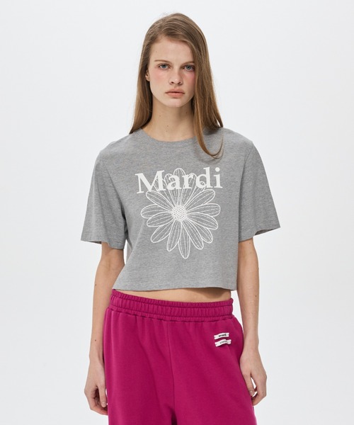 Mardi Mercredi(マルディメクルディ)の「CROPPED BASIC TSHIRT FLOWERMARDI / クロップド ベーシック Tシャツ フラワー マルディ(Tシャツ/カットソー・レディース・グレー×ホワイト・FREE)」の1枚目の写真