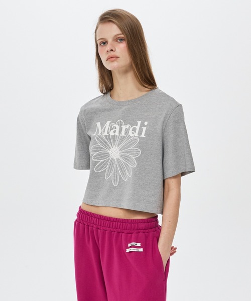 Mardi Mercredi(マルディメクルディ)の「CROPPED BASIC TSHIRT FLOWERMARDI / クロップド ベーシック Tシャツ フラワー マルディ(Tシャツ/カットソー・レディース・グレー×ホワイト・FREE)」の2枚目の写真
