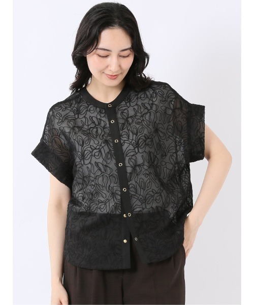 m.f.editorial（エムエフエディトリアル）の「【シアー 刺繍 前後2WAY】m.f.エディトリアル レディース オーガンジー 半袖 ブラウス（シャツ/ブラウス・レディース・アイボリー/ブラック・FREE）」の2枚目の写真