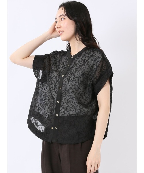 m.f.editorial（エムエフエディトリアル）の「【シアー 刺繍 前後2WAY】m.f.エディトリアル レディース オーガンジー 半袖 ブラウス（シャツ/ブラウス・レディース・アイボリー/ブラック・FREE）」の4枚目の写真
