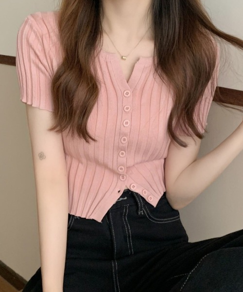 GLAMOROUS JANE(グラマラスジェーン)の「フロントボタン半袖ニットトップス(ニット/セーター・レディース・レッド/ピンク/ホワイト/ブラック・FREE)」の11枚目の写真