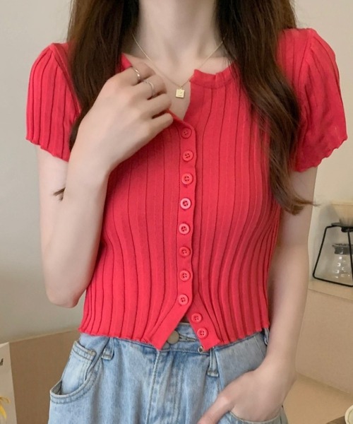 GLAMOROUS JANE(グラマラスジェーン)の「フロントボタン半袖ニットトップス(ニット/セーター・レディース・レッド/ピンク/ホワイト/ブラック・FREE)」の10枚目の写真